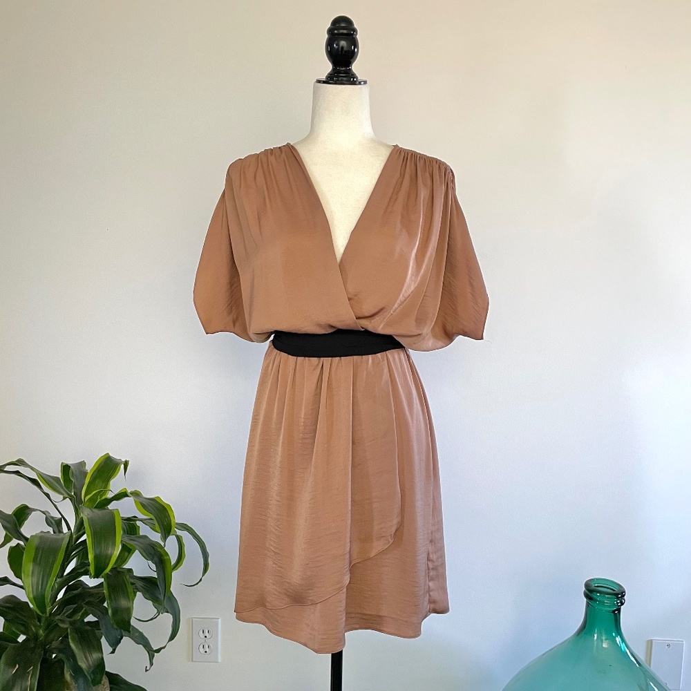 **SOLD**BCBG bronze Grecian style faux wrap mini dress - Sz L